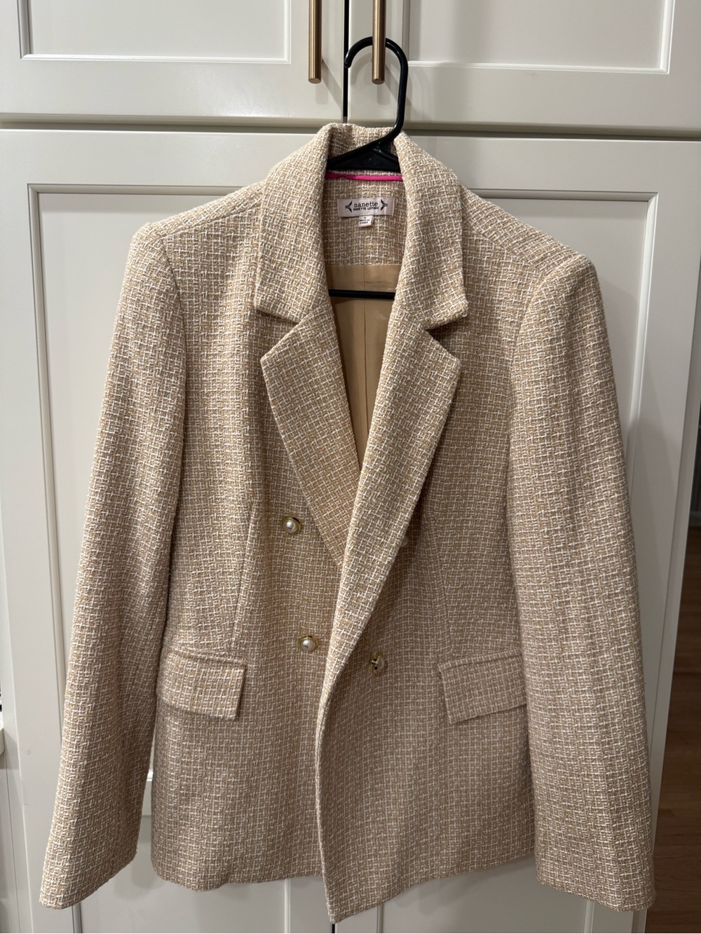 Nanette Lepore Beige Tweed Double-Breasted Blazer with Gold Buttons